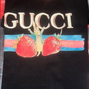 Gucci Black Tee with Red Strawberries and Blue-Red Stripe